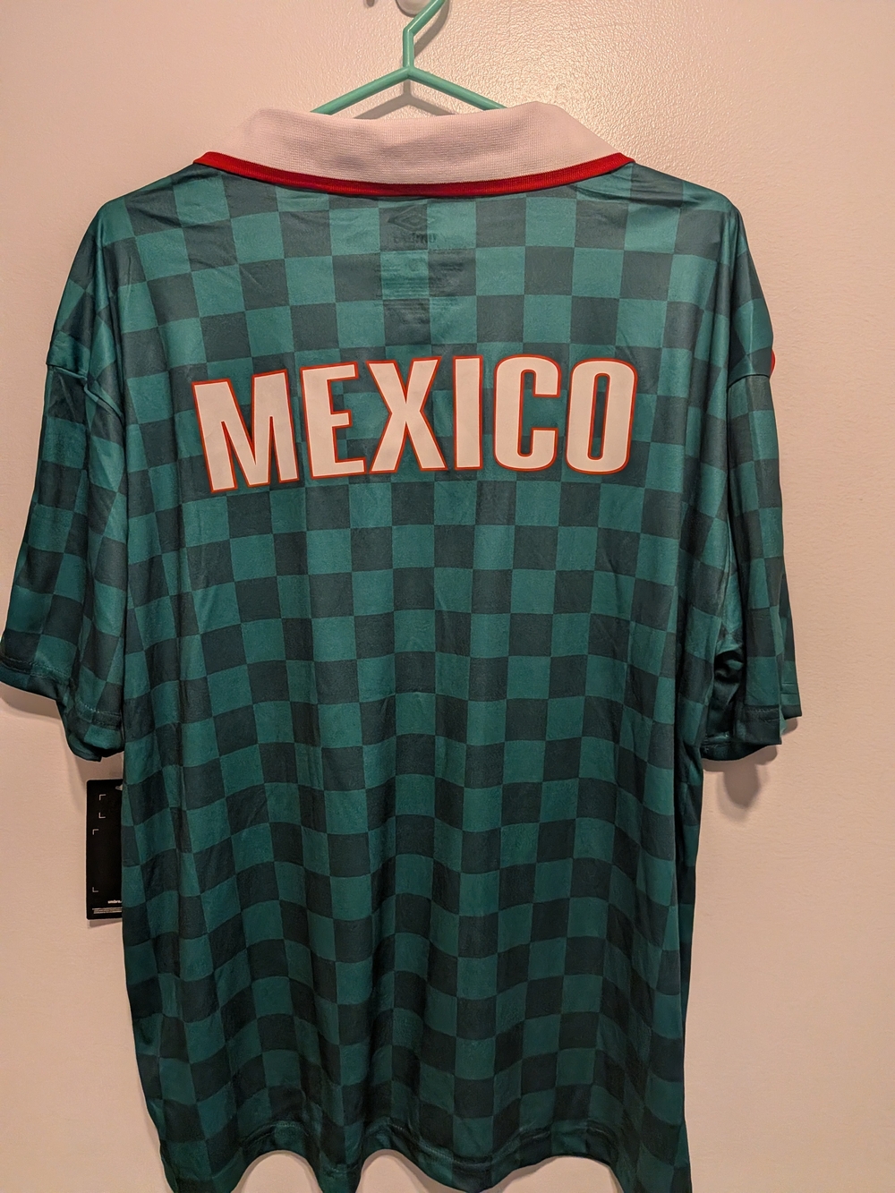 Umbro Teal Checkerboard Mexico Soccer Jersey with White Collar and Red Trim - Picture 3 of 3